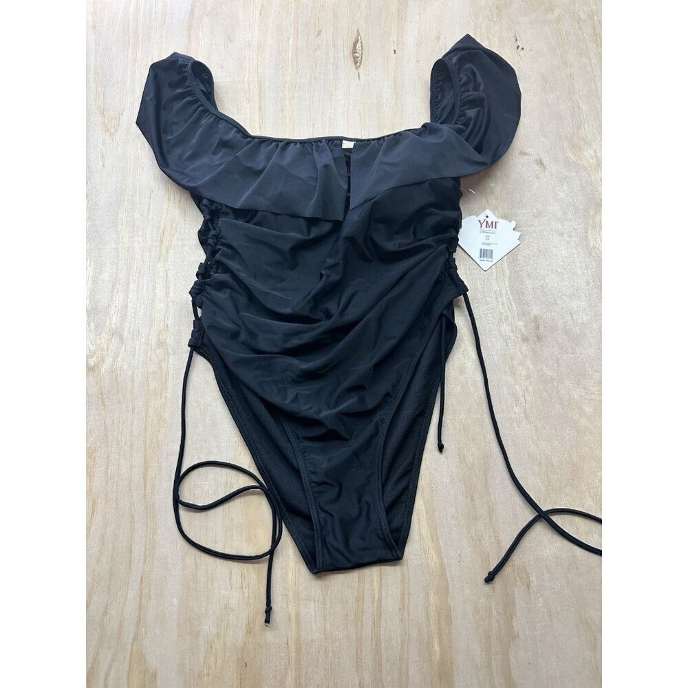 YMI Swimwear 3X Plus Size Runched Side Ties Black Off Shoulder Style YOP 438x